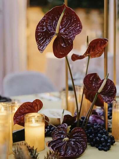 1/3/5pcs Artificial Red Calla Lily (Black-Red) Fake Flamingo Flower Lace Tail Flower Fake Plants, Suitable For Wedding, Office, Party, Hotel, Home Desktop Decoration, Suitable For Room Decoration, Dining Table Decoration, Home Decoration, Desktop Decoration, Seasonal Decoration, Outdoor Terrace Decoration, DIY Decoration, Room Decoration Aesthetics, Wedding Decoration, Wall Decoration, Kitchen Decoration, Valentine''s Day Gift Artificial Flower Bouquet