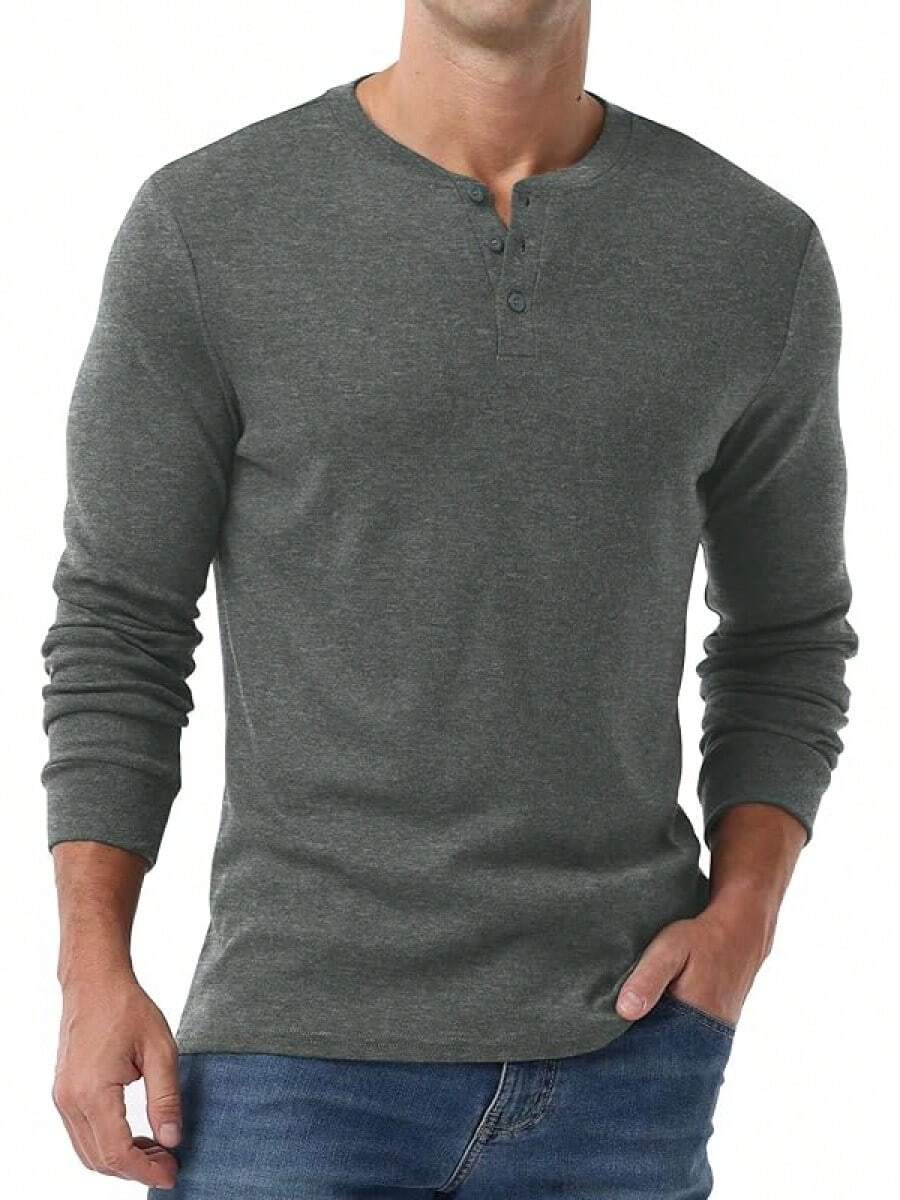 Men's Henley Long Sleeve Casual Classic Button Pullover Tee - Styles - 深灰色 - 查看 1