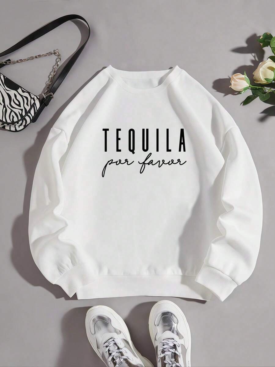 Women's Sweatshirt Print Tequila Por Favor Party Funny Adult Drinking Cinco De Mayo T-Shirt Stretched Graphic Versatile Female Print Round Neck Short Sleeve Streetwear Top For Everyday Wear Summer Soft Slightly Women Casual Stylish T-Shirt For Women Casual Unisex Comfortable - 白色 - 查看 1