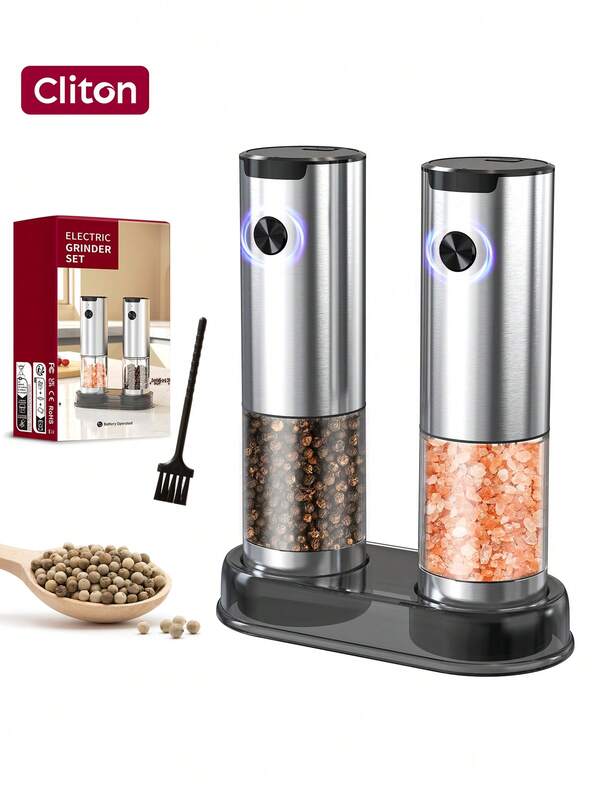 CLITON Choose Black Or Silver Stainless Steel Salt Pepper Electric Grinder Single For Solo Or Gift Set With Storage Base Ideal Holiday Present For Christmas New Year Valentine's Day Kitchen Camping Easy Grind With LED Light