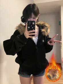 Women's Winter Faux Fur Hooded Coat - Black, Windproof, Durable With Pockets, Thick Polyester Knit, Harajuku Style, Zip-Up Front, Long Sleeves, Comfortable For Cold Weather, Casual Work Coat, Sleek Modern Jacket With Functional Pockets, Winter Coat