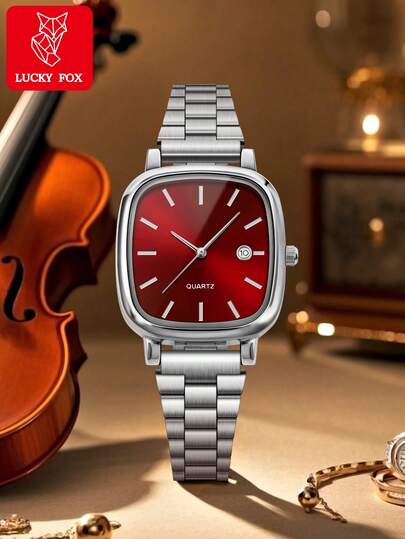 1pc LUCKYFOX Quartz Watch, Minimalist Vintage Steel Strap Square Dial Calendar, Men Women, Life, Business Events, Holidays, Birthday s,