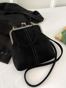1 Stück Retro Kunstleder Umhängetasche, Vintage-Stil Damen Mini-Handtasche mit Kussschloss und verstellbarem Schultergurt, einfarbige leichte City-Tragetasche, Polyesterfutter, unisex - Schwarz - Übersicht 7