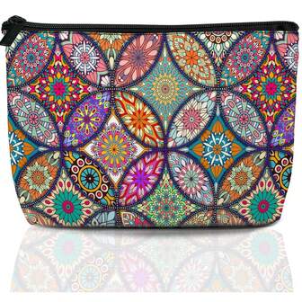 Boho Mandala Travel Makeup Bag,Vintage Flower Cosmetic Bags Small Waterproof Zipper Women Purse Mini Portable Traveling