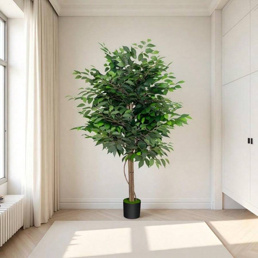 5 FT Tall Dual Trunk Artificial Ficus Tree Fake Plant  Simulation Green Plants Large Indoor Faux Tree For Home Office Living Room Floor Decor