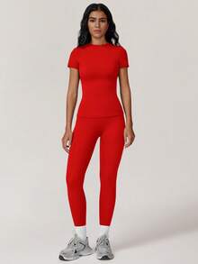 Yefecy 2 件套女式健身运动服套装 - 舒适纯色圆领 T 恤和高腰瑜伽紧身裤，适合跑步的运动健身服，运动夏季运动装 - 紅色 - 查看 4