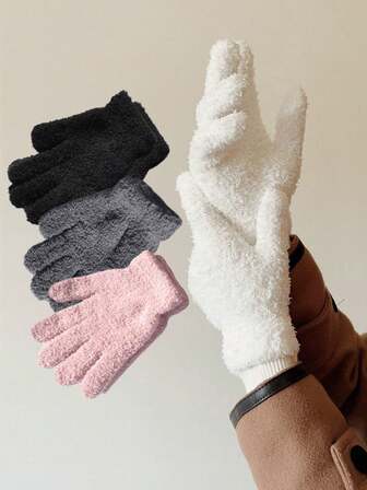 1pc Unisex Simple Solid Color Plush Thickened All-Match Gloves Simple And Fashionable Knitted Plush Outdoor Warm Gloves Suitable For Outdoor Cycling, Writing, Office, Daily Wear, Perfect Gift For Autumn And Winter Halloween