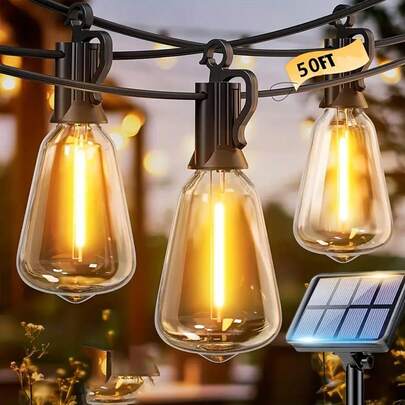 1 Box Of 50-Foot ST38 Solar String Lights With 12 LED Bulbs, Halloween Decorations, 50-Foot USB And Solar Dual-Battery Outdoor String Lights, 8 Modes, 3 Brightness Levels, 2700K, IP65 Waterproof Patio Lights, Suitable For Porches, Gardens, And Camping. Halloween Solar Lights, Outdoor Solar String Lights, Patio Lights, Outdoor Solar, Solar Flower Lights, Outdoor Solar String Lights, Garden Decorations, Camping Lights, Ambient Lighting, Decorative Lighting, Long-Life Bulbs, Durable Plastic