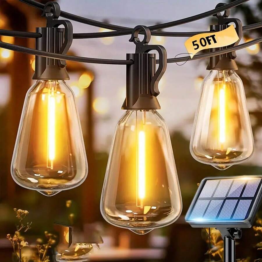 1 Box Of 50-Foot ST38 Solar String Lights With 12 LED Bulbs, Halloween Decorations, 50-Foot USB And Solar Dual-Battery Outdoor String Lights, 8 Modes, 3 Brightness Levels, 2700K, IP65 Waterproof Patio Lights, Suitable For Porches, Gardens, And Camping. Halloween Solar Lights, Outdoor Solar String Lights, Patio Lights, Outdoor Solar, Solar Flower Lights, Outdoor Solar String Lights, Garden Decorations, Camping Lights, Ambient Lighting, Decorative Lighting, Long-Life Bulbs, Durable Plastic - 暖色燈光 - 查看 1
