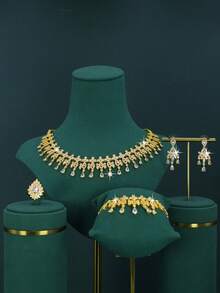 5pcs 18K Gold Plated Royal Style Water Drop Design Bridal Wedding Jewelry Set, Handset White Cubic Zirconia, Including Necklace, Bracelet, Earrings, Ring, Suitable For Daily Wedding Wear, Wedding Anniversary Gift (Luxury Gift Box Packaging) Complimentary - Water Drop Bridal Set - View 12