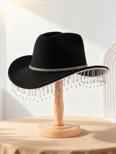 1 peça de chapéu de feltro com aba da moda feminina, decorado com cinto de corrente de strass de cristal, adequado para banquetes, festas de jazz, casamentos, festas temáticas de faroeste, unissex