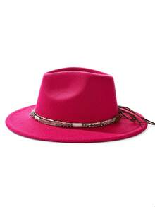 1pc Bohemian Style Faux Leather Decor Felt Fedora Hat, Soft Brim, Unisex Fashion For Work And Commute, Suitable For Autumn And Winter