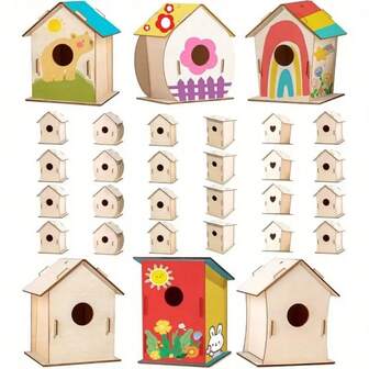 6pcs Unfinished Wooden Bird Nest DIY Craft Kit, Including Bird Nest, Bird Cage, Hanging Decor, Pendant And Supplies For Party & Gifts, Desktop Decor, Garden & Yard Decor, Home Decor, Room Decor, Office Decor, Holiday Decor, Smooth Texture, Suitable For Winter, New Year, Party, Festival DIY Painting Wood Pieces, Vivid Holiday Gift Decoration