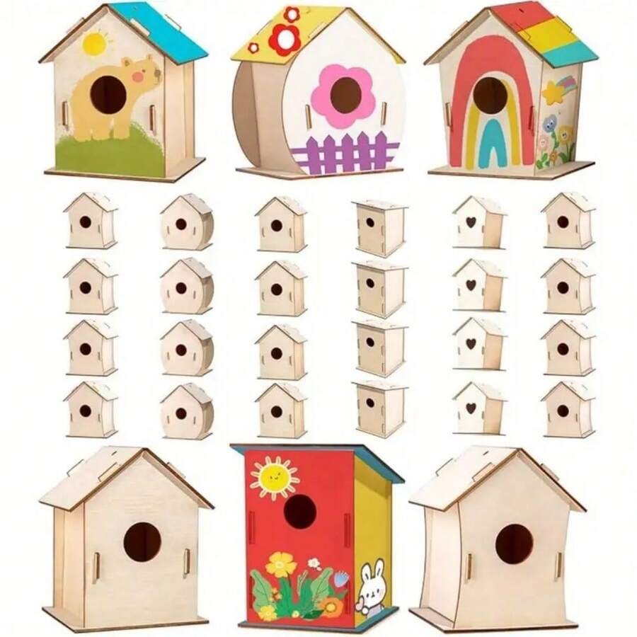 6 件未完成木制鸟巢 DIY 工艺套件，包括鸟巢、鸟笼、悬挂装饰、吊坠和派对及礼品用品、桌面装饰、花园及庭院装饰、家居装饰、房间装饰、办公室装饰、节日装饰，光滑纹理，适用于冬季、新年、派对、节日 DIY 绘画木件、生动的节日礼物装饰 - 彩色 - 查看 1