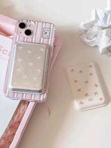 1pc Korean Ins Niche Girly Bow Leather Magnetic Wireless Charging Magsafe Card Holder Case