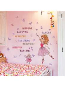 1 Sheet Cute Ballet Girl Wall Stickers - Duck Butterfly And Inspirational Quotes I AM STRONG KIND AMAZING SPECIAL BRAVE, Removable Nursery Decals For Kids Room Pink Theme Room Decor Easy Apply,Halloween Christmas Gift,Peel And Stick Wall Art - Multicolor - View 12