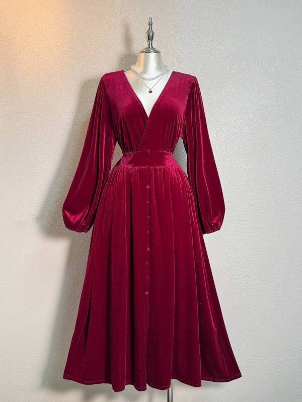 Rusttydustty Vestido maxi con cuello en V, cintura con lazo y envolvente en color borgoña para fiestas, Día de Acción de Gracias, Navidad y Año Nuevo, talla grande para invierno