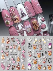 2 pezzi Adesivi per unghie natalizi con renne e Babbo Natale, decorazioni a rilievo 5D a fiocchi di neve, per manicure festive, decorazioni per unghie 3D per il Natale