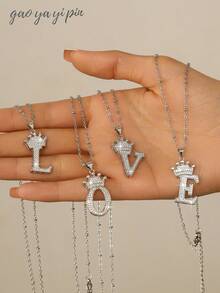 1pc Elegant Crown A-Z Initial Pendant Necklace, Suitable For Women & Girls, Personalized Crystal Zirconia Letter Necklace, Valentine's Day, Mother's Day, Wedding Gift, Fashion Jewelry Accessory, Valentine's Day, Mother's, Christmas Gift