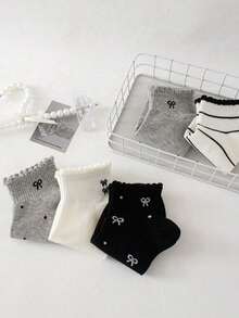 5 Pairs Women's Cute Breathable Striped Bow Polka Dot Pattern Short Invisible Socks, Ankle Socks Crew Socks, Christmas Gift, White Socks, Black Socks For Daily & Casual Wear, Suitable For Fall&Winter, For All Seasons - 彩色 - 查看 4