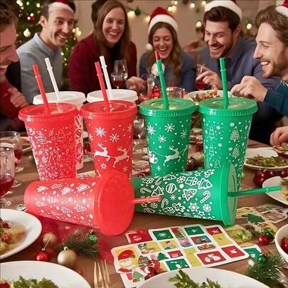 1/5/10 أكواب بلاستيكية لعيد الميلاد ، مزودة بأنابيب وأغطية ، متوفرة بألوان متعددة ، قابلة لإعادة الاستخدام ، دائرية ، يتم غسلها باليد فقط ، مناسبة للمياه الباردة والمشروبات والقهوة ، مناسبة لعيد الميلاد والمنزل والمكتب وهدايا الحفلات وأيام التواريخ وعيد الحب وأعياد الميلاد وعيد الأم وغيرها من المناسبات