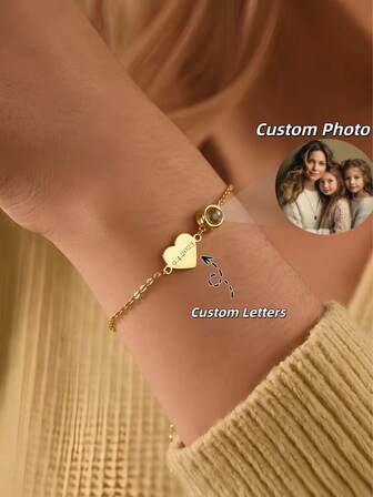 1 pieza Brazalete de proyección de foto personalizado y colorido | Brazalete de foto y letra de acero inoxidable personalizado | Brazalete de foto y letra en forma de corazón personalizado | Regalo personalizado para el Día de San Valentín | Brazalete conmemorativo de foto | Regalo personalizado enchapado | Elegante brazalete de mujer | Brazalete para conmemorar a seres queridos y amigos | Brazalete hecho a mano | Brazalete con foto | Regalo de boda, regalo de aniversario | Regalo de Navidad personalizado