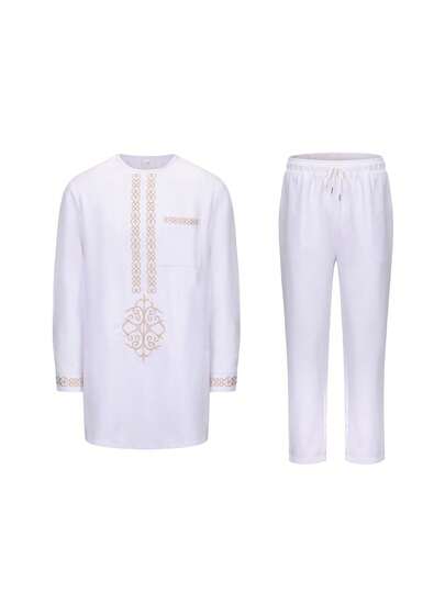 Men Dashiki New In 2 Pieces Full Pant Sets African Traditional Outfit Long Sleeve Men's Luxury Clothing Kaftan Elegant Male Arabic White Set