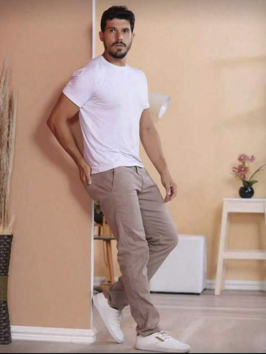 Men's Slim Casual Traditional Fit Twill Pants With Elastane, Built-In Pocket, Skinny - Khaki - View 1