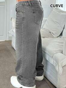 Pantalones rectos básicos casuales para mujeres de talla grande, ideales para el uso diario en primavera - Gris Claro - Ver 2