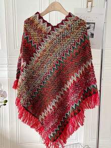 1件人字纹流苏披肩，斗篷披肩，时尚百搭的旅行斗篷，保暖围巾披肩，可搭配连衣裙 - 人字紋流蘇披肩 - 查看 8