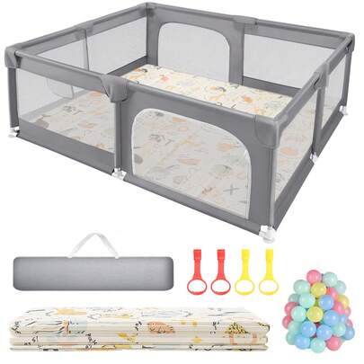 Sour Lemon Box Bambini Recinto Con Tappeto 180x200, Box per bambini con barriera in schiuma anticollisione con rete traspirante, recinzione per bambini comprensiva di 50 Palline Morbide Interattive, Borsa Portatile, Doppi Ganci