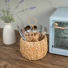 Wicker Cutlery Storage Box, Kitchen Countertop Cutlery Holder, Silverware Box Natural Woven Cutlery Box With 3 Compartments, Cooking Utensil Organizer - màu xanh lá - Xem 1