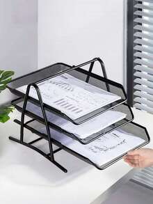 1pc Rose Red Office Metal Mesh Multi-Layer Storage Rack, File Rack, Pull-Out Document Rack, Desktop Organization Rack, Storage Rack