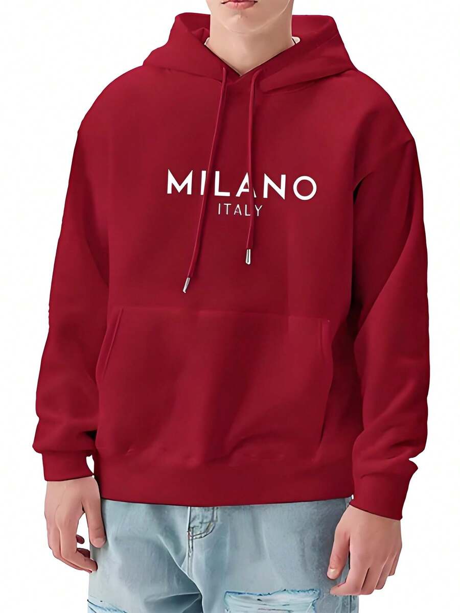 Men's Red  Sweatshirt,1 Piece  Polyester Cotton   Sweatshirt   260g  Fashionable  And Fun Printed Hooded Sweatshirt  Men's Casual Long Sleeved  Pullover Sweatshirt, Suitable For Outdoor Sports, Suitable For Autumn And Winter - 紅色 - 查看 1