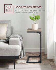 VASAGLE Mesa Auxiliar en Forma de C, Mesita de Noche, Marco de Metal, para Sala de Estar, Dormitorio, Marrón Rústico y Negro Tinta MLET353B01 - Abedul grisáceo + negro - Ver 9