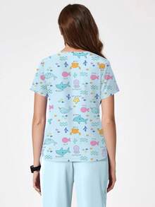 Women's Ocean & Heart Print V-Neck Multi-Pocket Scrubs Nurse Scrubs Workwear Dentist Healthcare Pet Hospital Laboratory Uniform Top