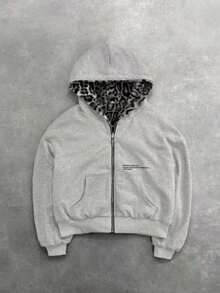 2025 New Autumn And Winter New Hooded Sweater Can Be Worn On Both Sides Retro Leopard Print Zipper Hoodie Loose Top - 灰色 - 查看 2