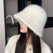 1顶纯米色优雅丝绒渔夫帽，女士款，适合秋冬季户外佩戴，可作为节日礼物赠送。 - 毛絨水桶-米白色 - View 3