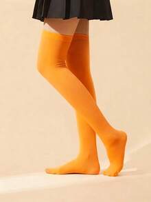 1 Pair Orange Smooth Opaque Thigh High Socks For Women - Orange - View 1