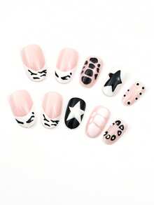 24 piezas de uñas ovaladas prensadas, diseños de uñas estilo francés en negro y blanco con patrones de estampado de leopardo para otoño e invierno, patrones de estrellas en negro y blanco profundo, un conjunto de dedos completos con estilo retro, creando un hermoso look de maquillaje. Uñas ovaladas prensadas. Adecuado para que las mujeres y las niñas lo usen durante citas y reuniones diarias.