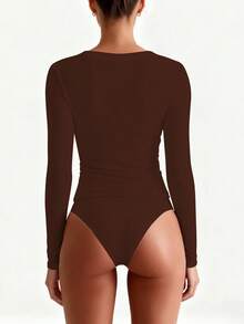 XLLAIS 女士柔软舒适休闲长袖V领T恤，灰色，弹力面料，春季款 - 棕色 - 查看 3