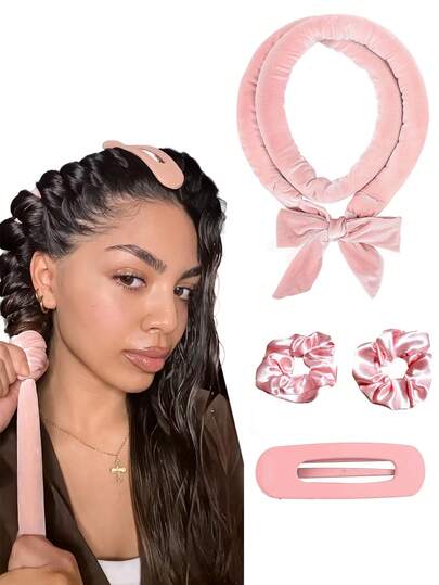 No-Heat Overnight Curling Set - Super Soft Ribbon Wrap Design, Suitable For All Hair Types, Can Be Worn Directly To Sleep, Includes Hair Ties And Clips