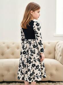 Girls' Long Sleeve Floral Print Dress, Black & Beige Color Block Elegant Design With Pleated Skirt, Party Dress For Autumn/Winter