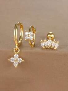 3 件套不锈钢锆石花朵耳环套装，女士适用，18K 镀金防过敏耳屏耳轮圈耳钉软骨穿孔饰品，适合日常佩戴 - 金-13 - 查看 3