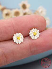1pair Cute S999 Sterling Silver Sunflower Stud Earrings Suitable For Girls Beautiful Sweet Earrings For Daily Wear