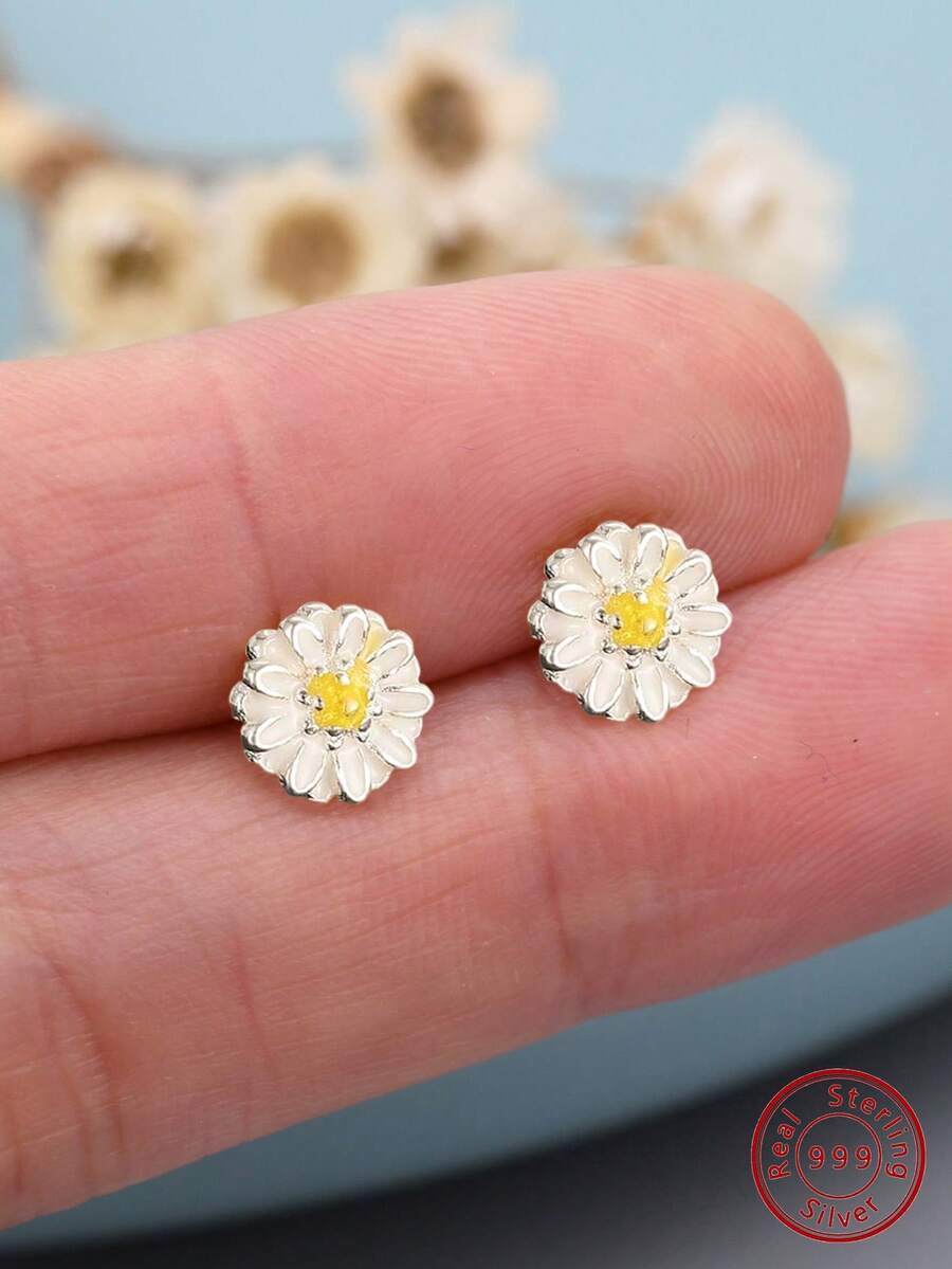 1pair Cute S999 Sterling Silver Sunflower Stud Earrings Suitable For Girls Beautiful Sweet Earrings For Daily Wear