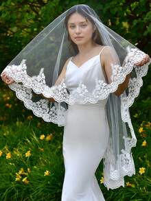 1.5m Long Single Layer Cathedral Veil For Bride, Lace Trim Hard Tulle Bridal Headpiece, Vintage Soft Tulle High-Quality Wedding Accessory, No Comb - 米色 - 查看 5
