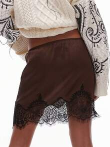 Women Lace Satin Half Slips Skirts Low Rise Lace Trim Underskirts Flowy A Line Silky Short Skirt Fairy Mini Skirt - 棕色 - 查看 2