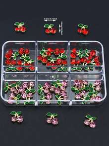 30 piezas/Caja Decoración de Arte de Uñas 3D de Cereza Diamante Mixta, Con Hojas Verdes y Tallos, Perfecto para la Fabricación de Joyas y Manualidades, Colgantes de Joyería y Encantos de Uñas - Multicolor - Ver 2