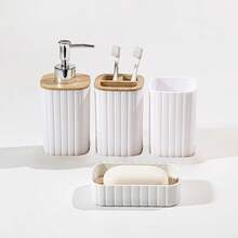 4 pièces Ensemble d'accessoires de salle de bain moderne, organisateur de plan de travail de vanité blanc et en bambou avec distributeur de savon, porte-brosse à dents, gobelet et porte-savon, décoration essentielle pour la maison et le dortoir